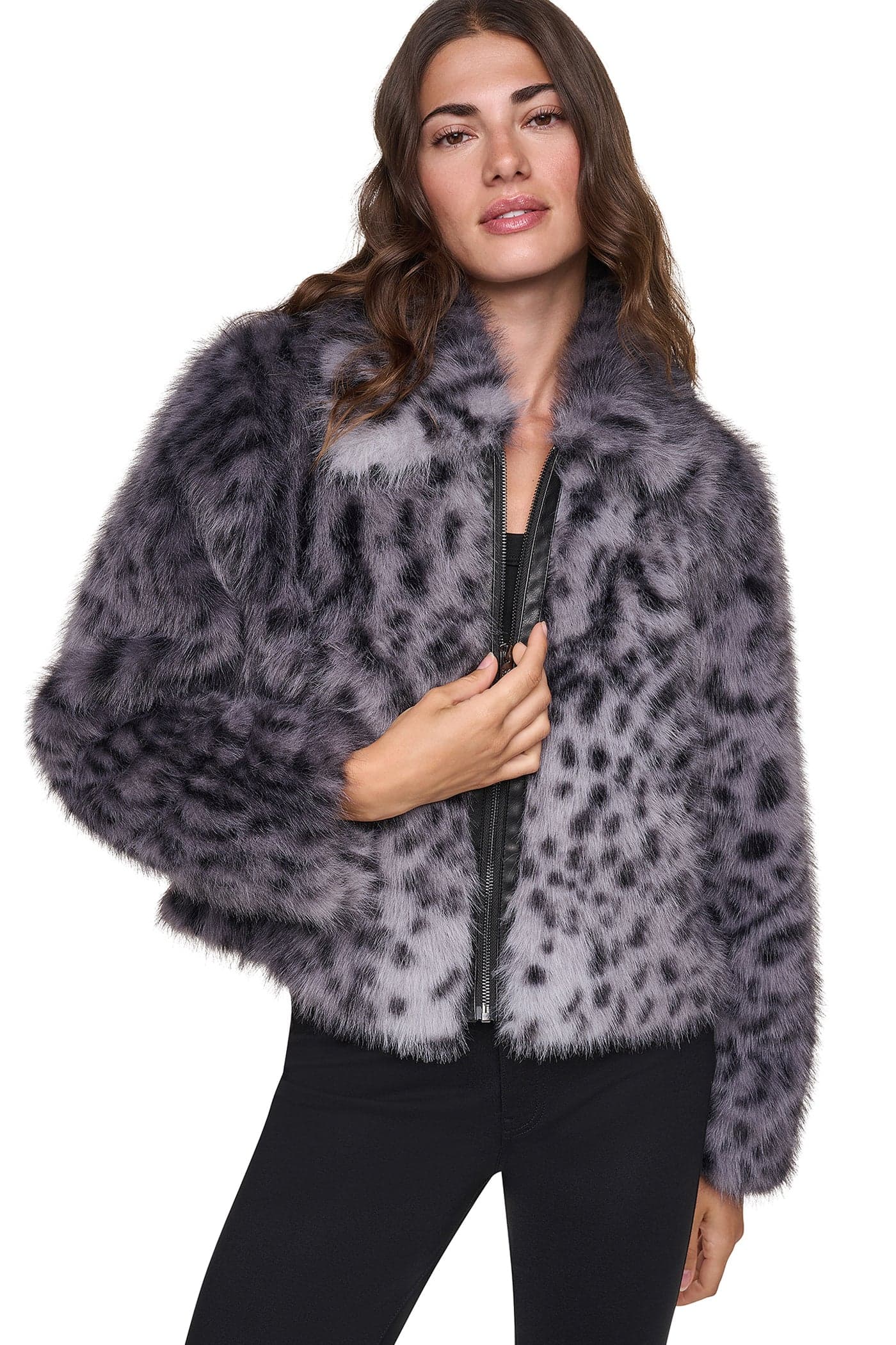 FAUX FUR ANIMAL PRINT JACKET in Grey/Black