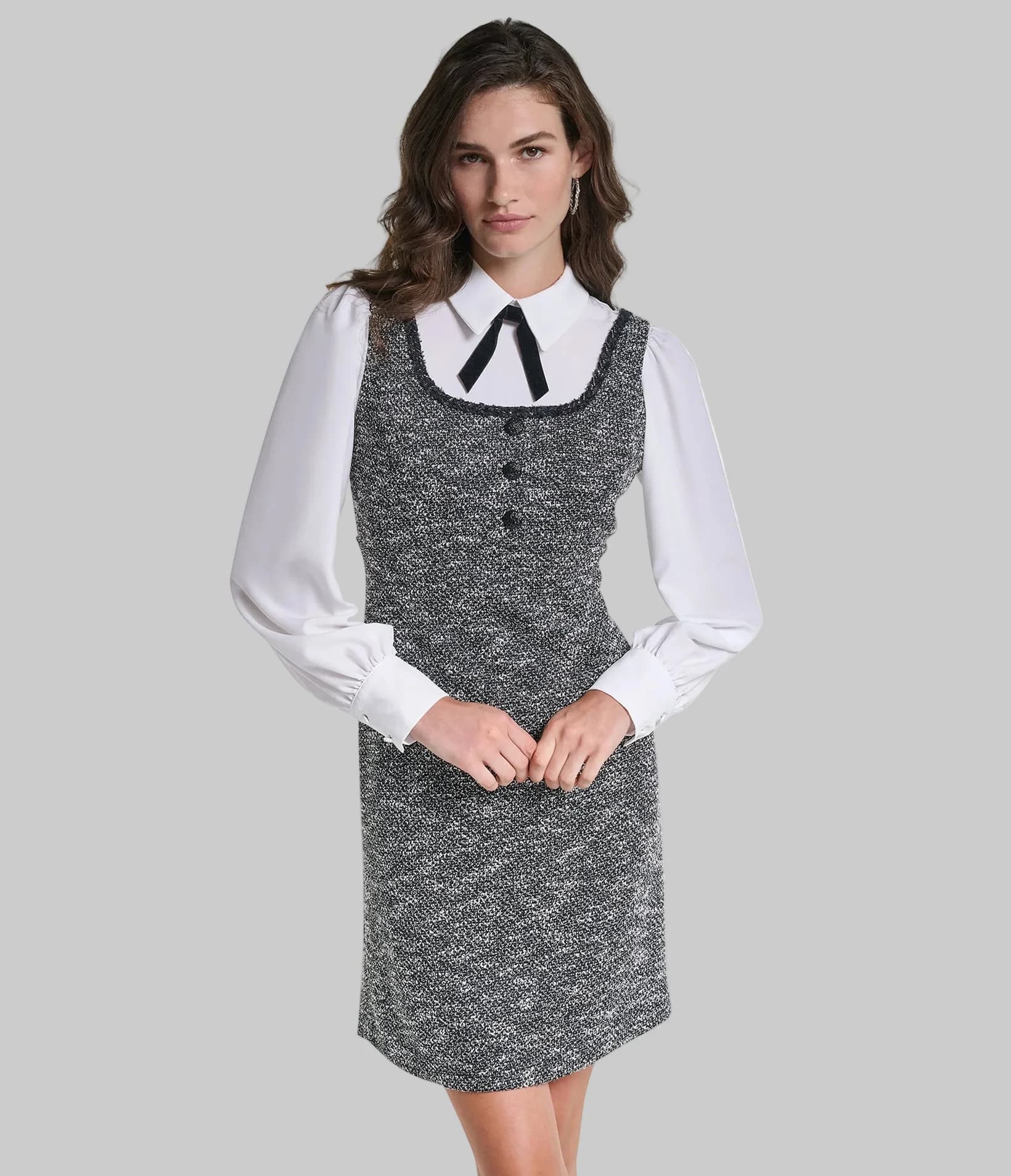 BOW TWEED KNIT TWO-FER SHEATH angle 3