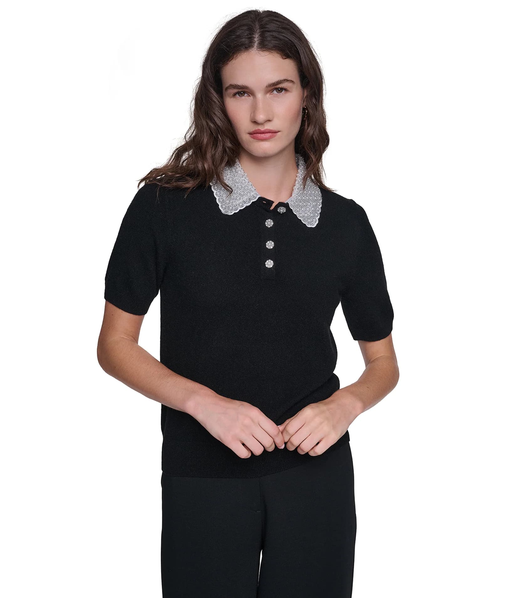 SHORT SLEEVE EMBELLESHED COLLARED TOP in Black