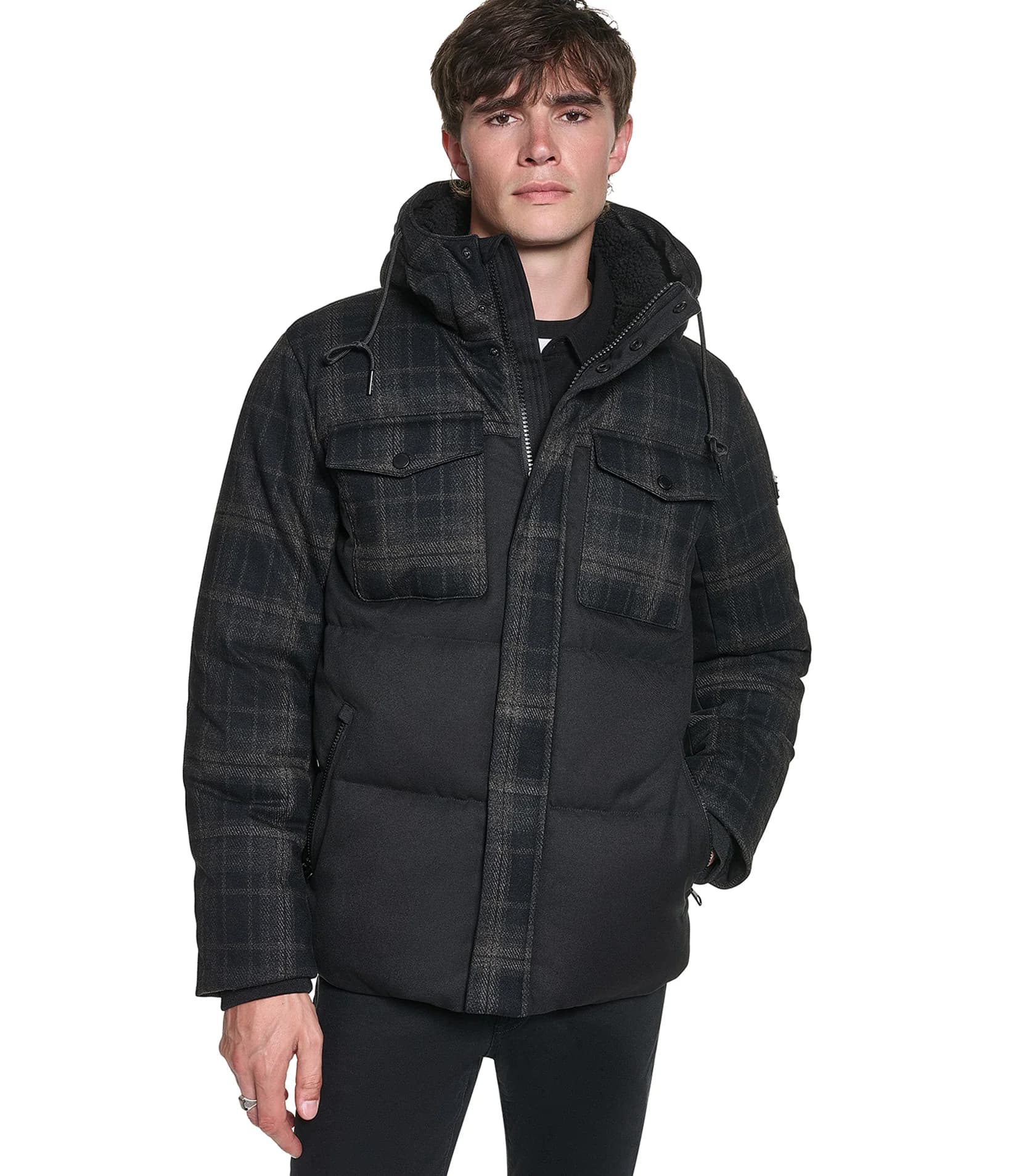 MIXED MEDIA HOODED JACKET in Blk Combo
