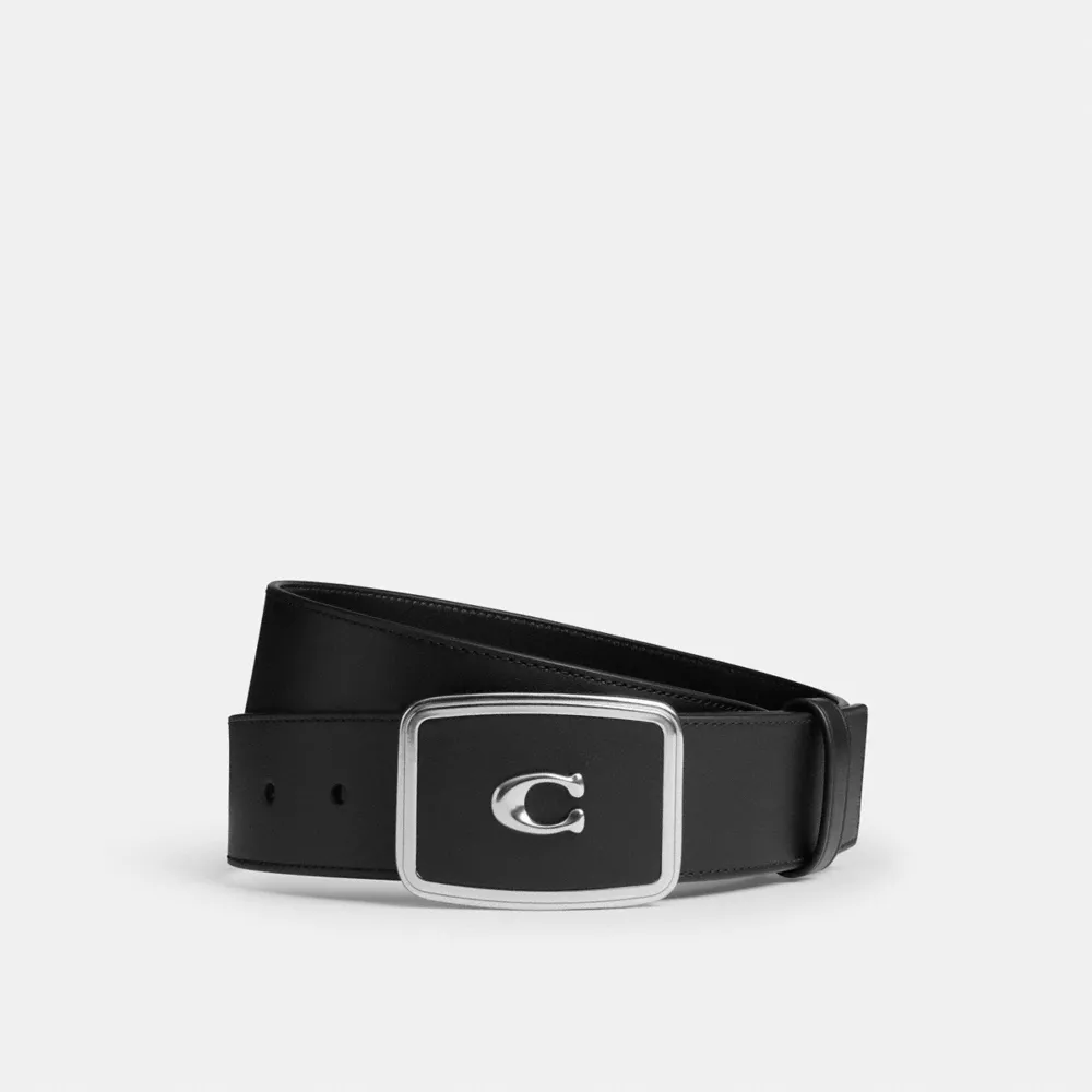 Signature Plaque Buckle Belt, 38MM in Black