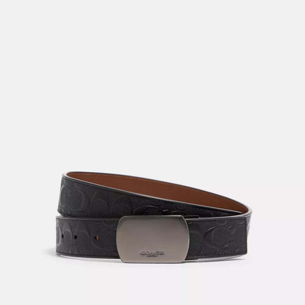 Plaque Buckle Cut-To-Size Reversible Belt, 38 Mm in Gunmetal/Black/Dark Saddle