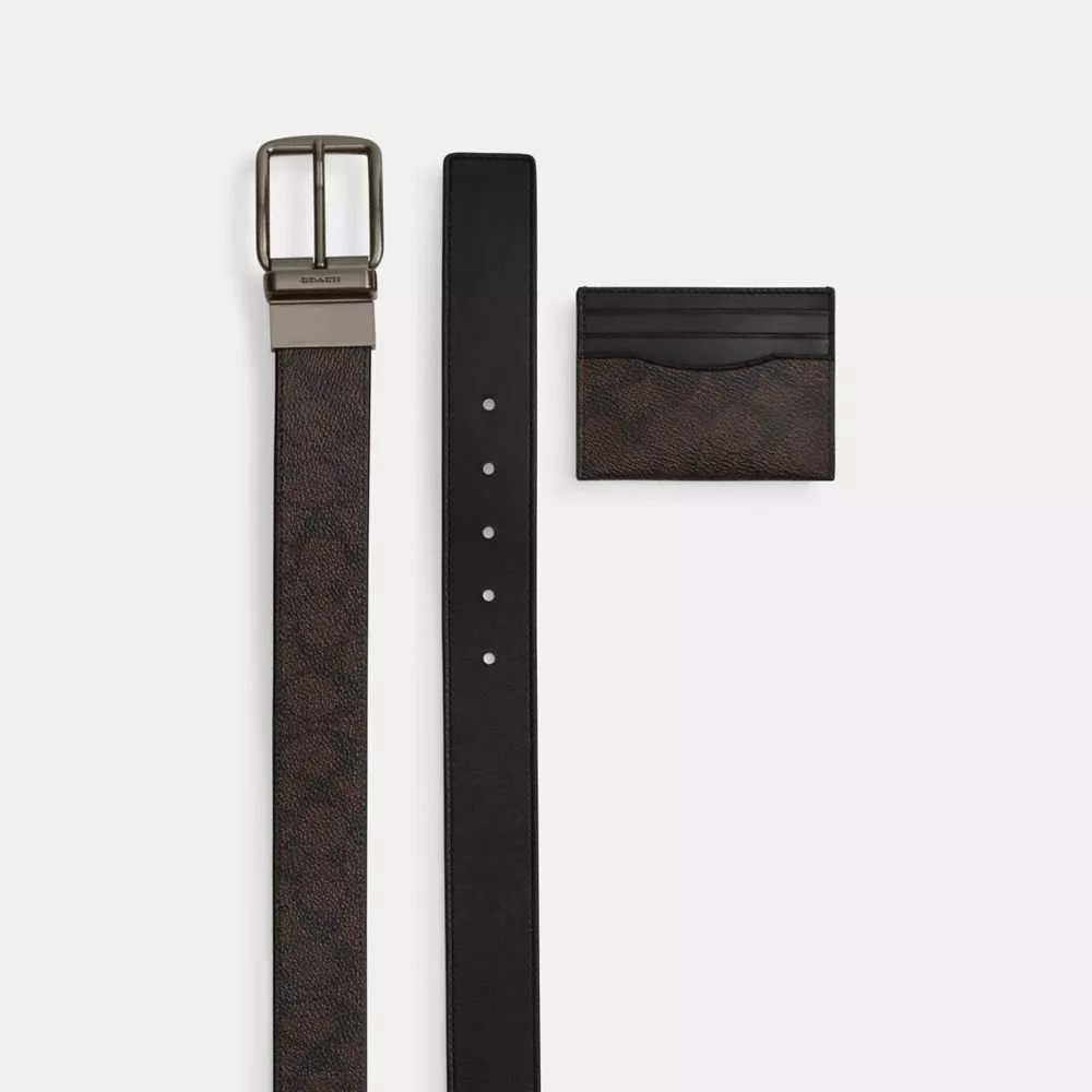 Boxed Plaque And Harness Buckle Cut-To-Size Reversible Belt, 38 Mm in Gunmetal/Walnut/Black