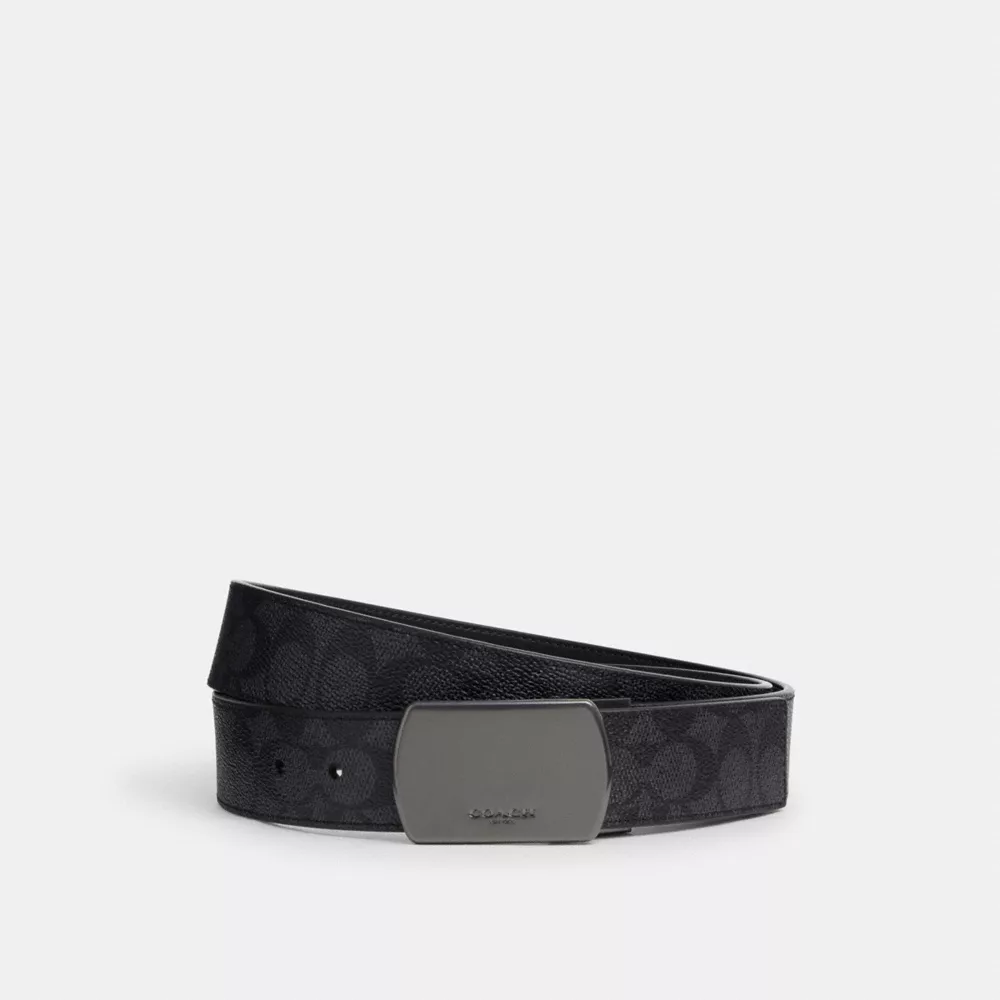 Plaque Buckle Cut-To-Size Reversible Belt, 38MM in Gunmetal/Charcoal/Black