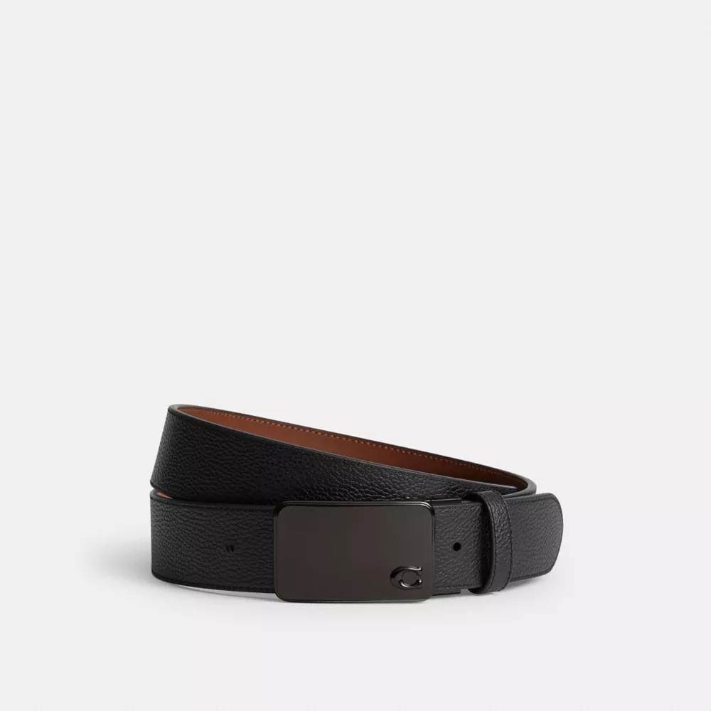 Signature Plaque Buckle Cut-To-Size Reversible Belt, 38MM in Black/Redwood