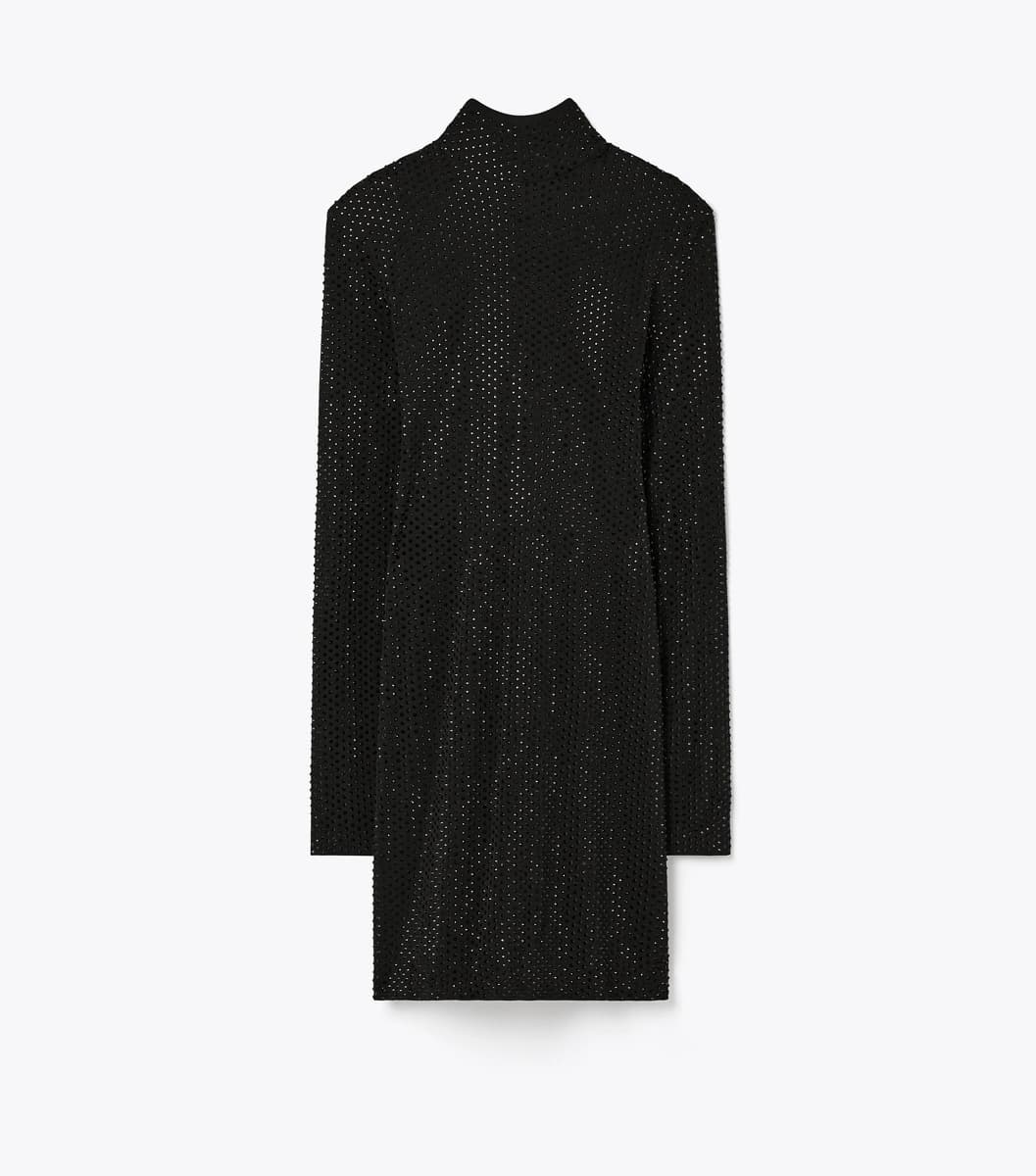 Embellished Viscose Turtleneck Dress in Black