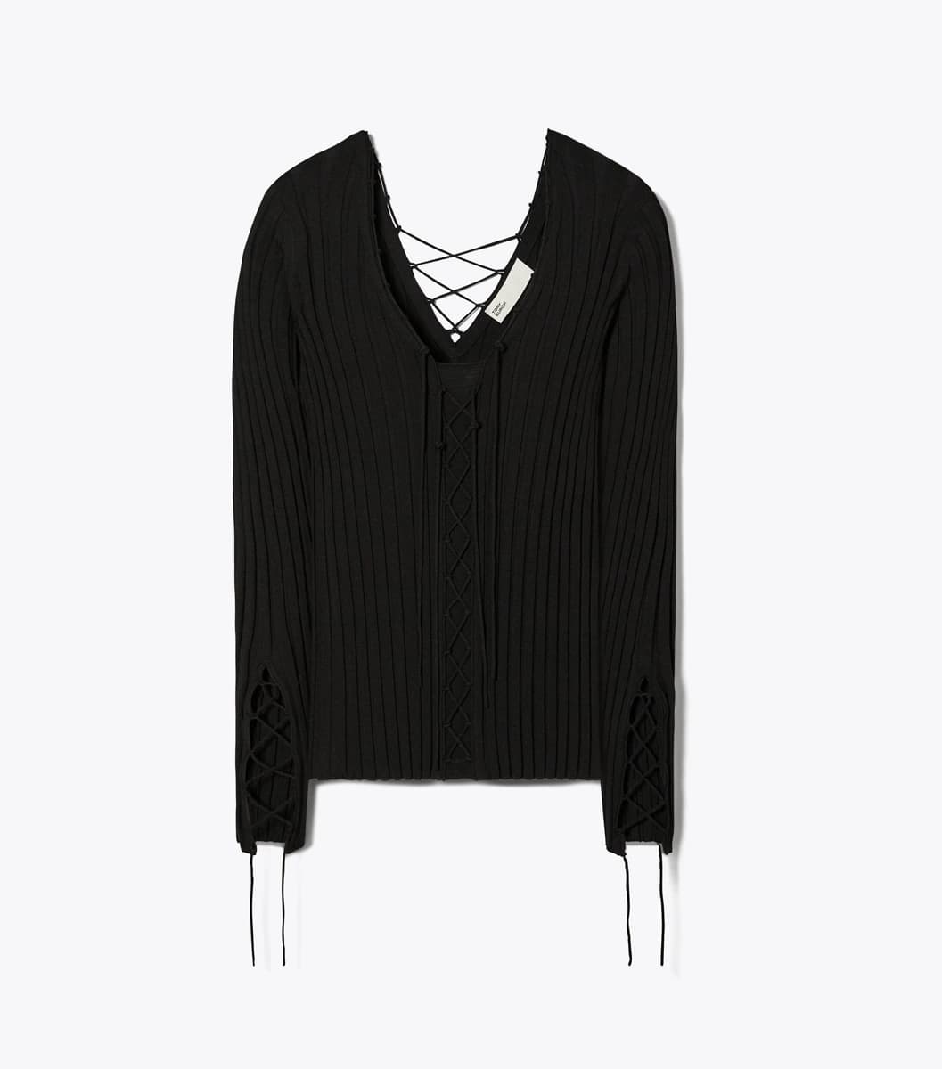 Lace-Up Wool Sweater in Black