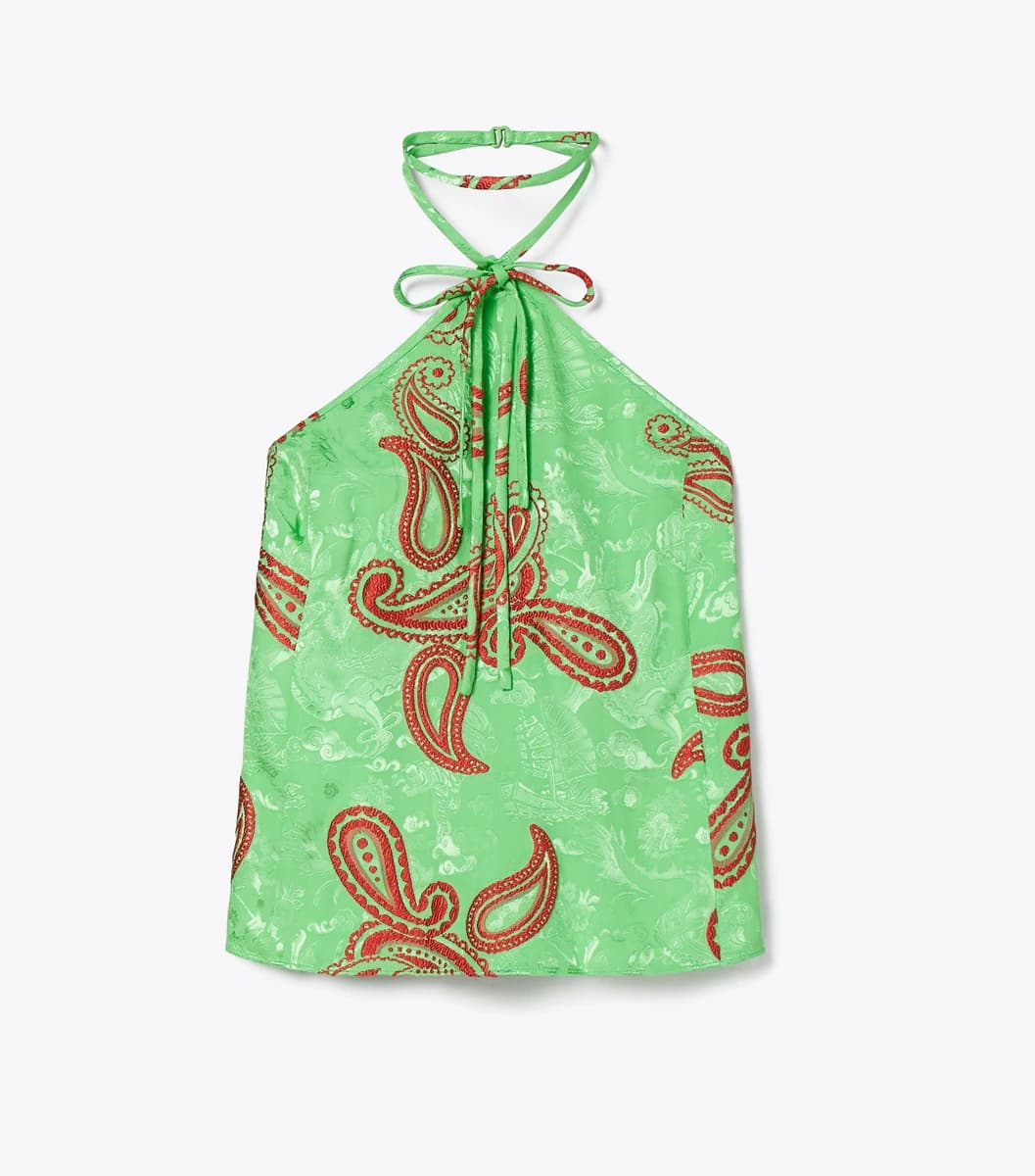 Satin Paisley Knot Top in Green/Red