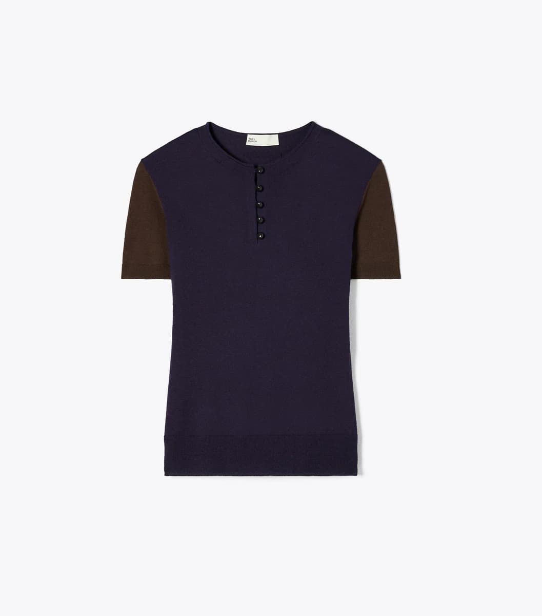 Wool Henley in Dark Brown / Deep Blue