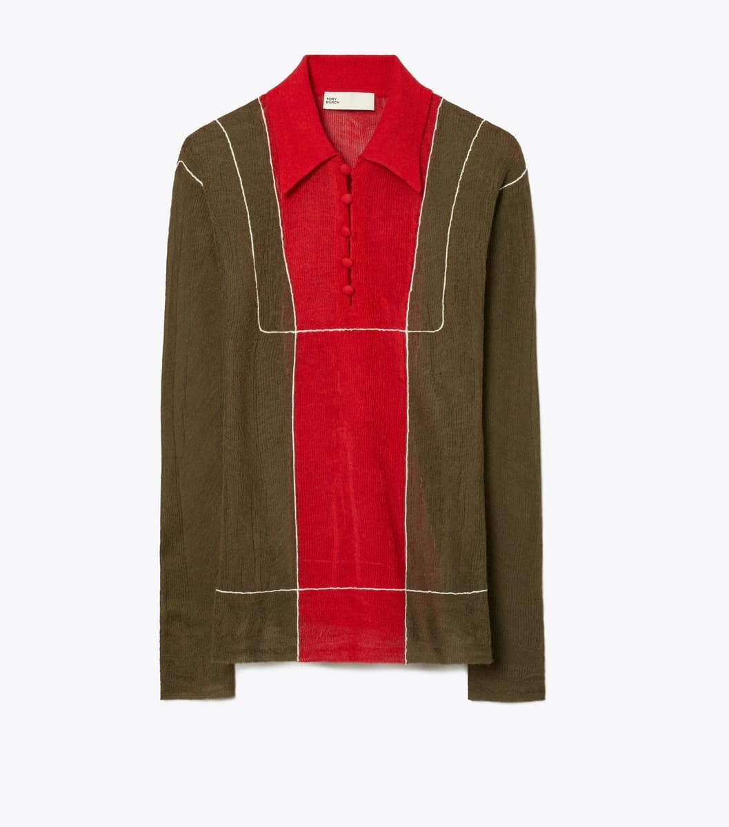 Colorblock Wool Sweater in Olive / Red