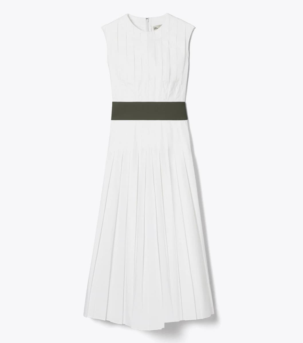Pleated Poplin Dress in White