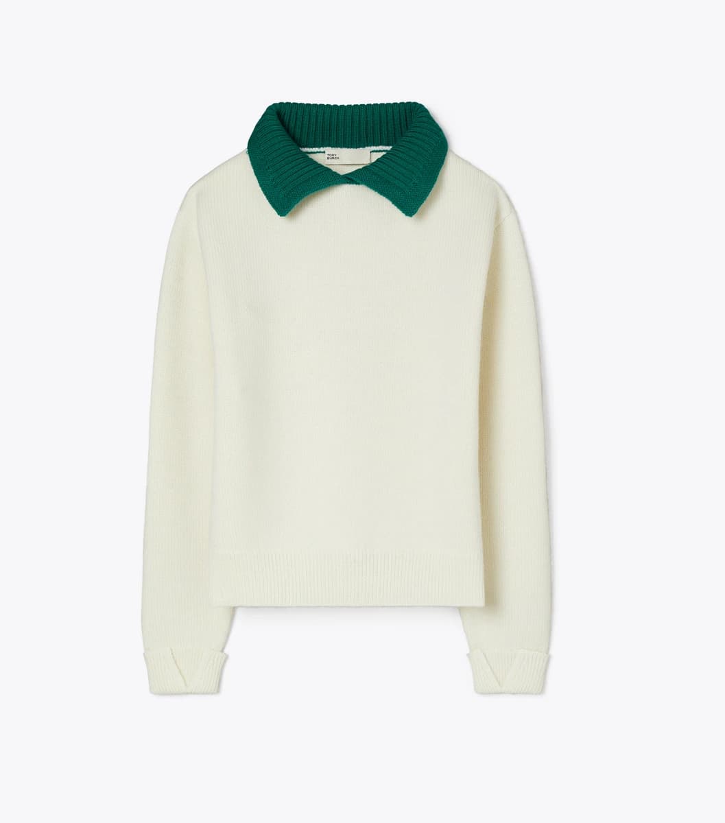 Wool Sweater in White / Emerald