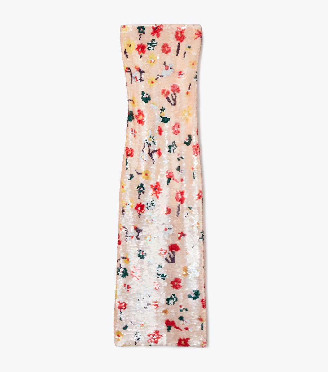 Strapless Sequin Dress in Pink Floral