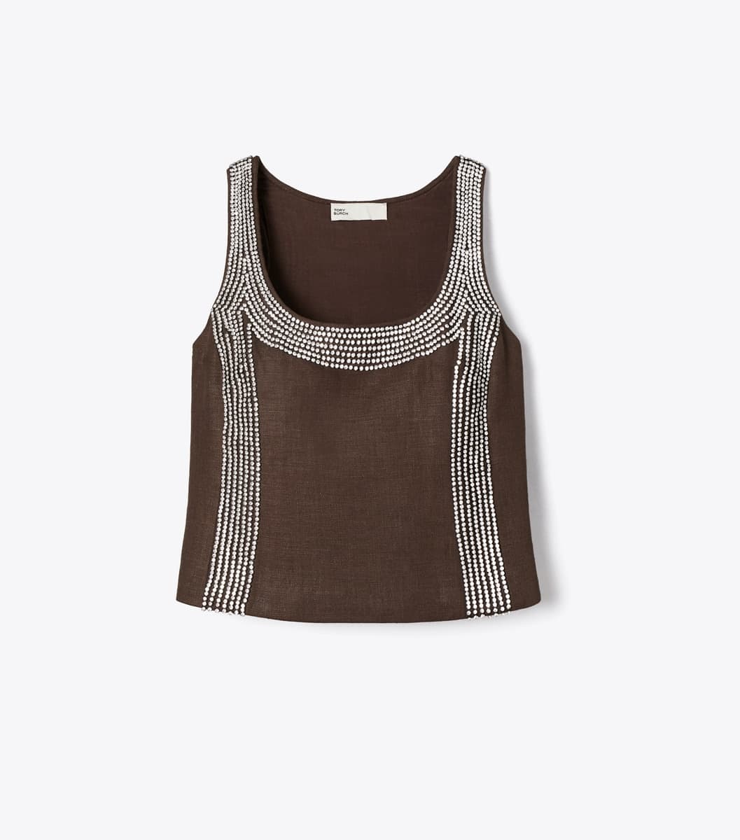 Embellished Linen Top in Light Chocolate