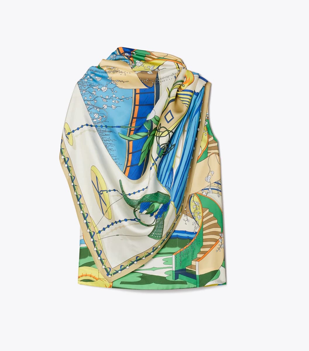 Printed Silk Cape Top in The Pool Blue