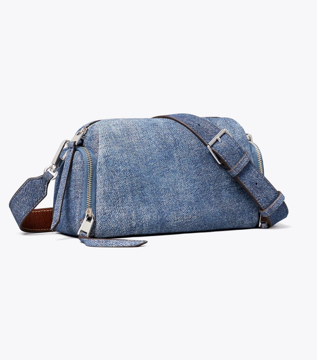 Perry Denim-Print Suede Voyager Crossbody Bag in Blue Jean