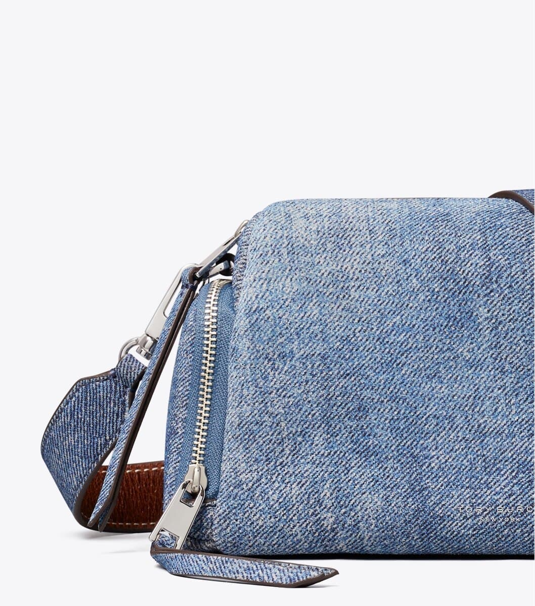 Perry Denim-Print Suede Voyager Crossbody Bag angle 4