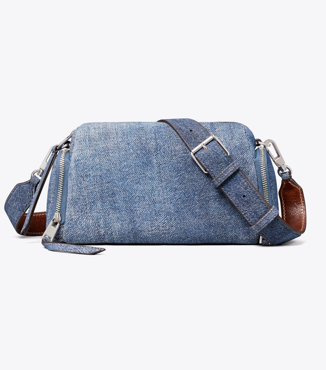 Perry Denim-Print Suede Voyager Crossbody Bag angle 3