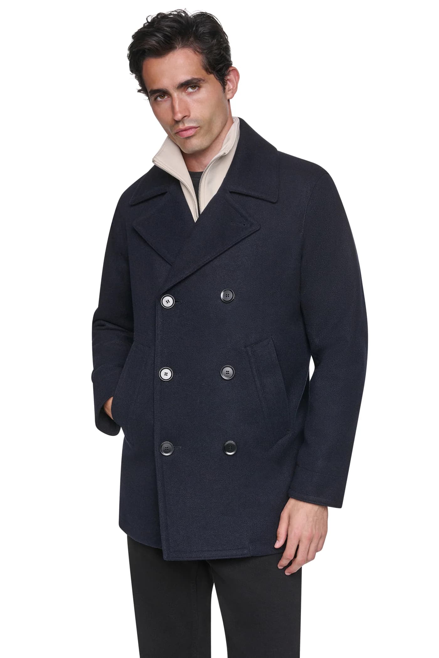 FAUX WOOL PEACOAT in Navy